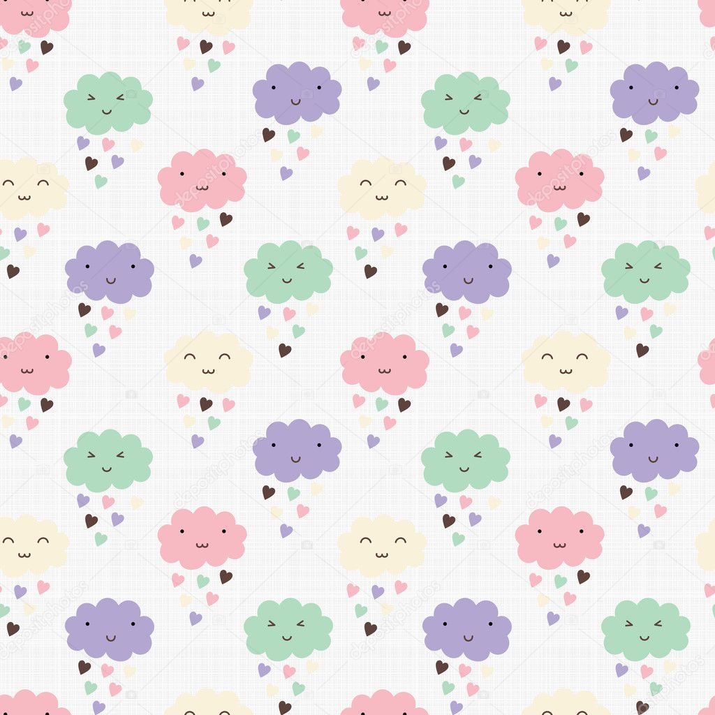 Seamless pattern with hearts rain and cute smiling clouds