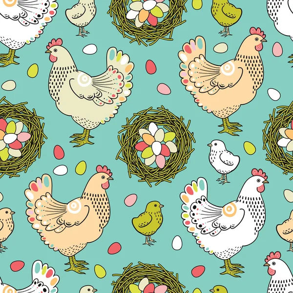 Pâques motif sans couture avec poule et nid — Image vectorielle