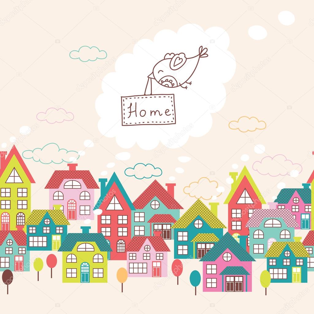 Houses seamless ornament. Cute vector background with doodle city