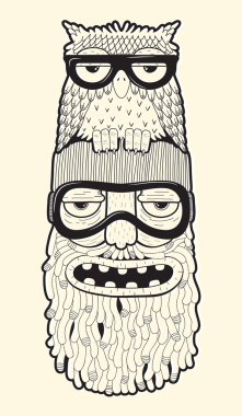 bearded man in ski-glasses with owl on his head clipart