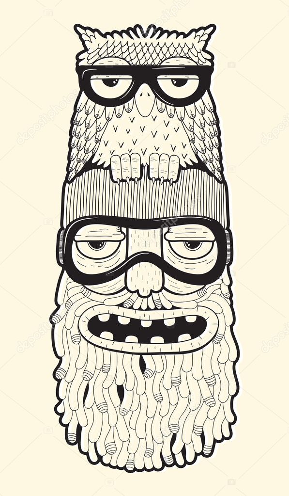 bearded man in ski-glasses with owl on his head