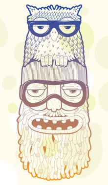 bearded man in ski-glasses with owl on his head clipart