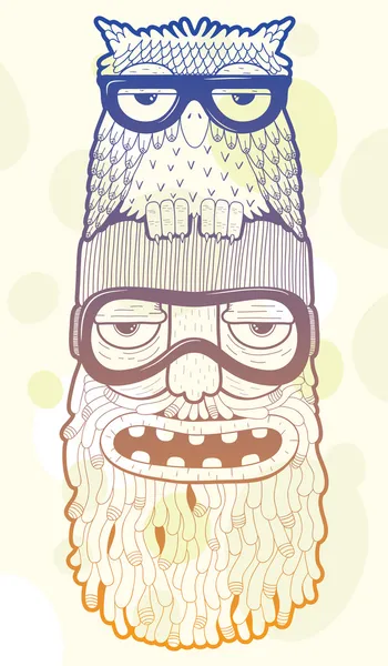 Бородатый мужчина в лыжных очках с совой на голове — стоковый вектор