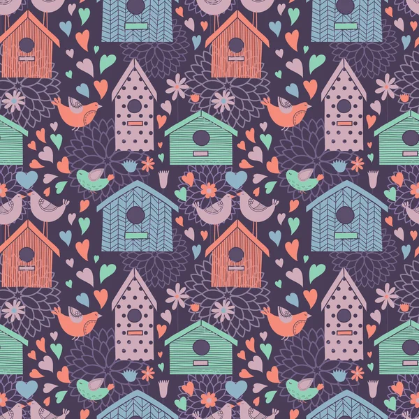 Seamless floral pattern with birdhouses — Stock Vector