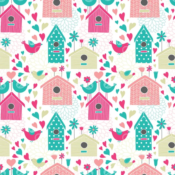 Seamless floral pattern with birdhouses — Stock Vector