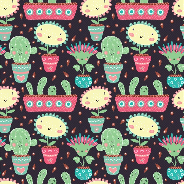Seamless pattern with flowers in flowerpots
