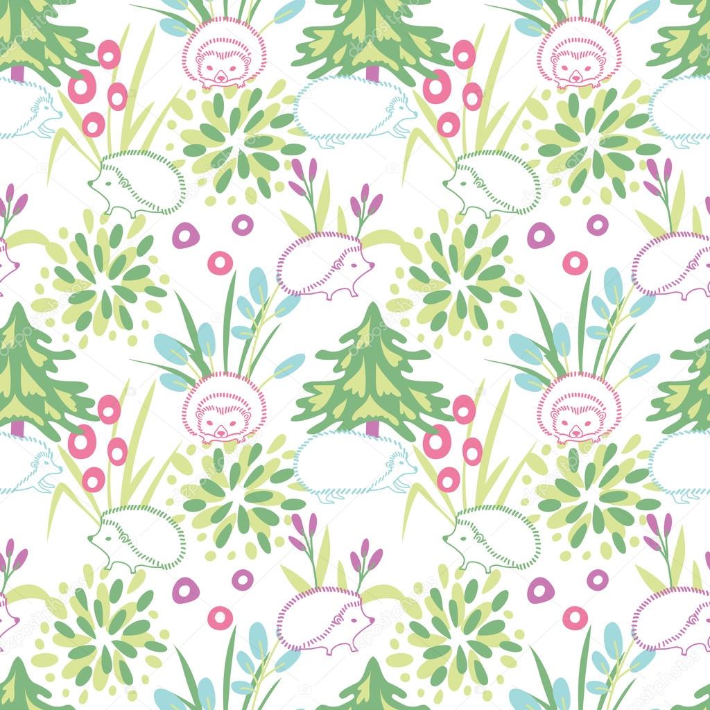 Hedgehogs in the forest. Vector seamless pattern