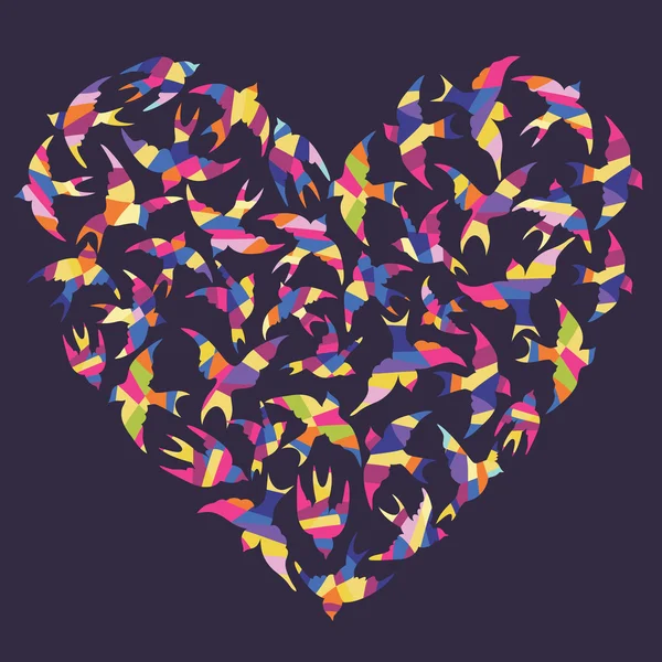 Forma de corazón hecha de pájaros coloridos — Vector de stock