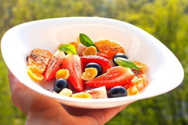 Meyve salatası ve mısır gevreği tabağı.