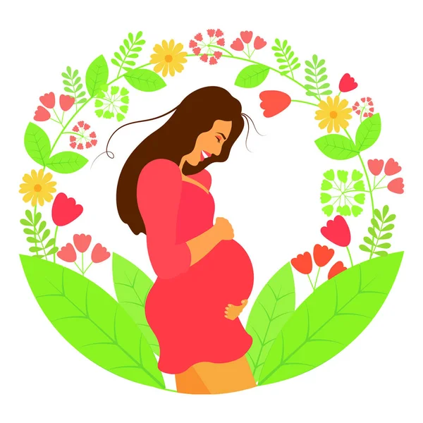 Happy Smiling Pregnant Woman Garden Flowers — Vetor de Stock