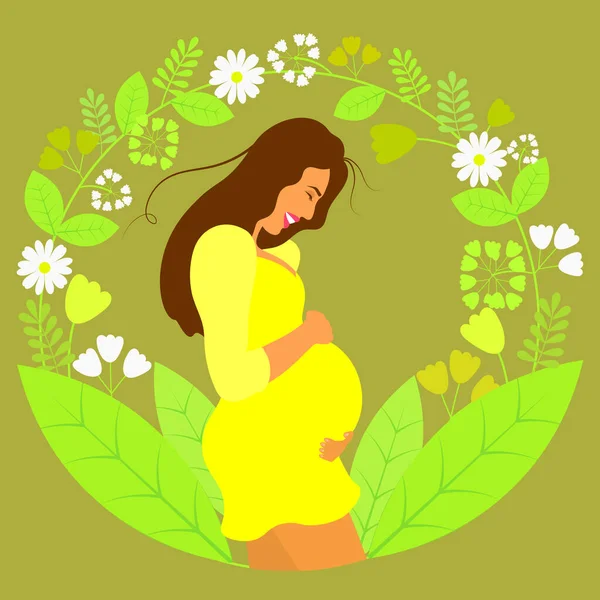 Happy Smiling Pregnant Woman Garden Flowers — Stockvektor