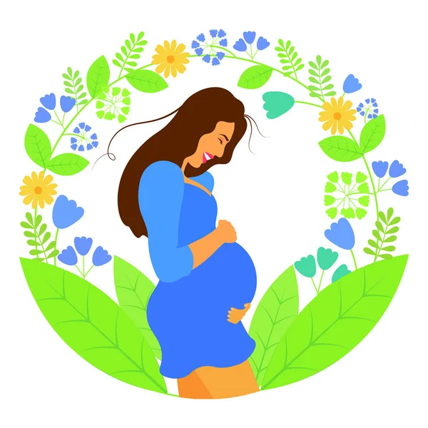 幸せな笑顔の妊娠中の女性が花と庭で — ストックベクタ