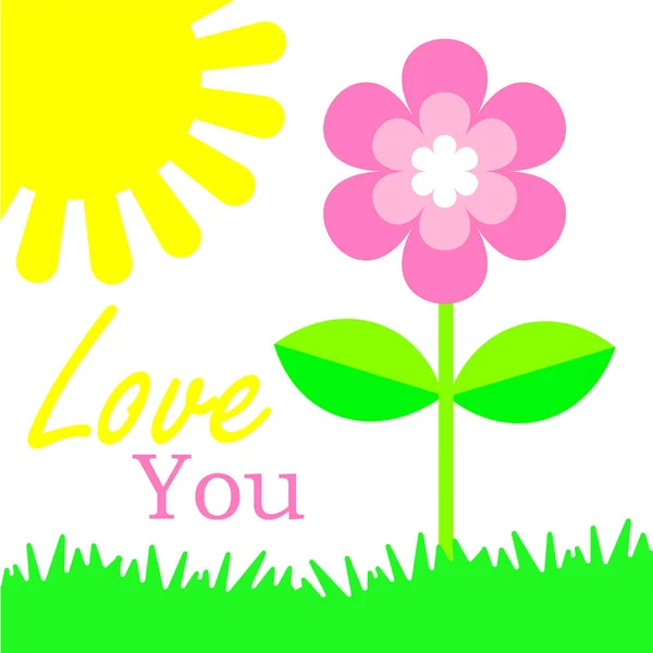 Greeting Card Green Grass Pink Flower Sun — Stock Vector