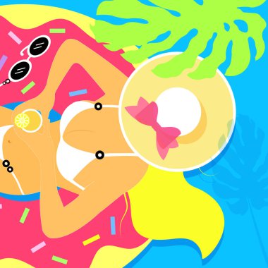 Mavi yüzme havuzunda güneşlenen sarışın kızın vektör çizimi.