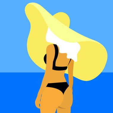 Siyah bikinili, büyük şapkalı, mavi okyanusa bakan sarışın bir kadının vektör çizimi.