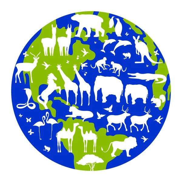 Vector Illustration Earth Globe Animals Sillhouettes — Stock Vector