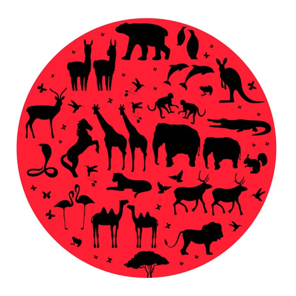 白い背景に隔離された赤い球の中の動物のシルエットのベクトルイラスト — ストックベクタ
