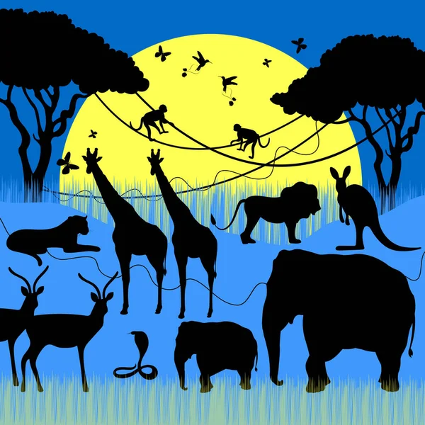 Vector Illustration Safari Animals Wildlife Moon Light — Stock Vector