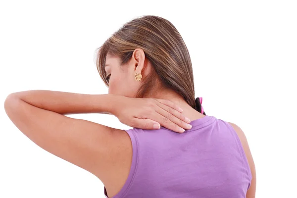 Visão traseira da mulher do esporte com dor no pescoço. Isolados — Fotografia de Stock
