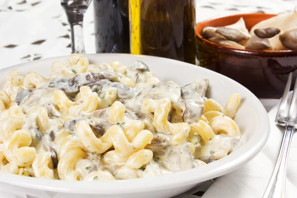 Penne Nudeln mit Pilz und Basilikum — Stockfoto