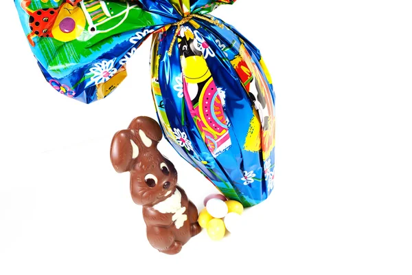 Easter bunny made of chocolate with easter egg — Stock Photo, Image