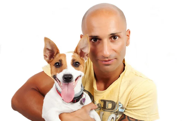 Menino e jack russel cão no branco — Fotografia de Stock