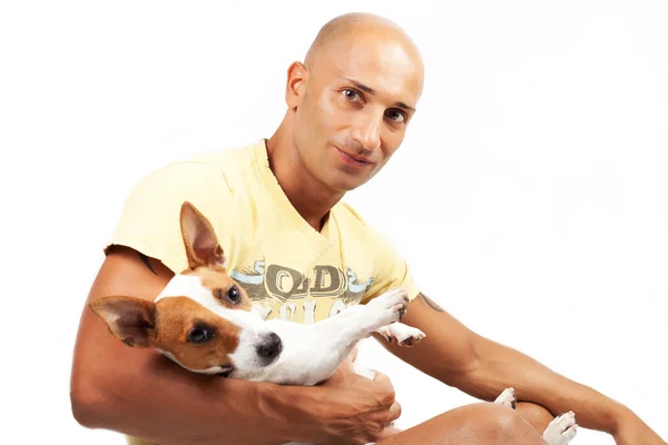 Chico y jack russel perro en el blanco — Foto de Stock