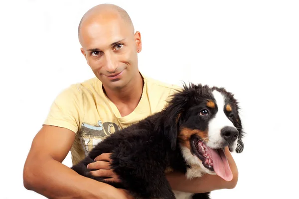 Man with puppy bernese mountain dog