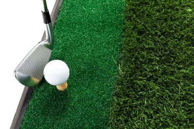 Golf sopası ve top çimenlerde.