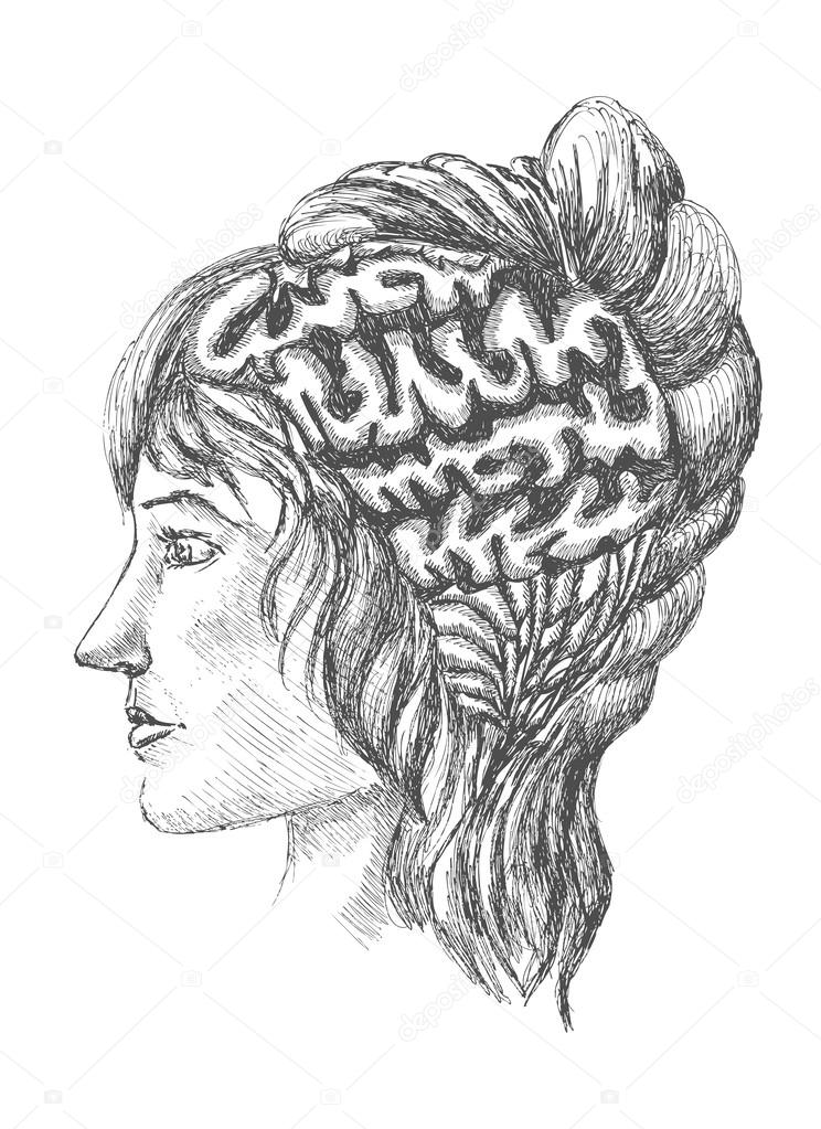 Sketch of human brain and a woman's face painted in scrawl style. trace of pattern