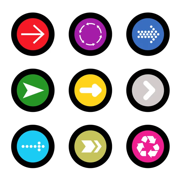Freccia segno icona impostata a forma di cerchio pulsante internet su sfondo nero. Elementi web di illustrazione vettoriale EPS10 — Vettoriale Stock
