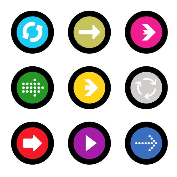 Freccia segno icona impostata a forma di cerchio pulsante internet su sfondo nero. Elementi web di illustrazione vettoriale EPS10 — Vettoriale Stock