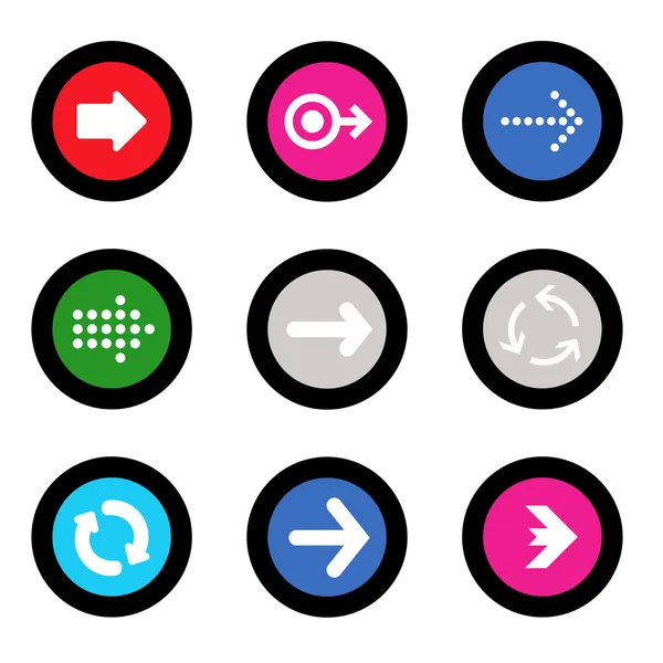 Ícone de sinal de seta definido em forma de círculo botão de internet no fundo preto. EPS10 elementos web de ilustração vetorial — Vetor de Stock