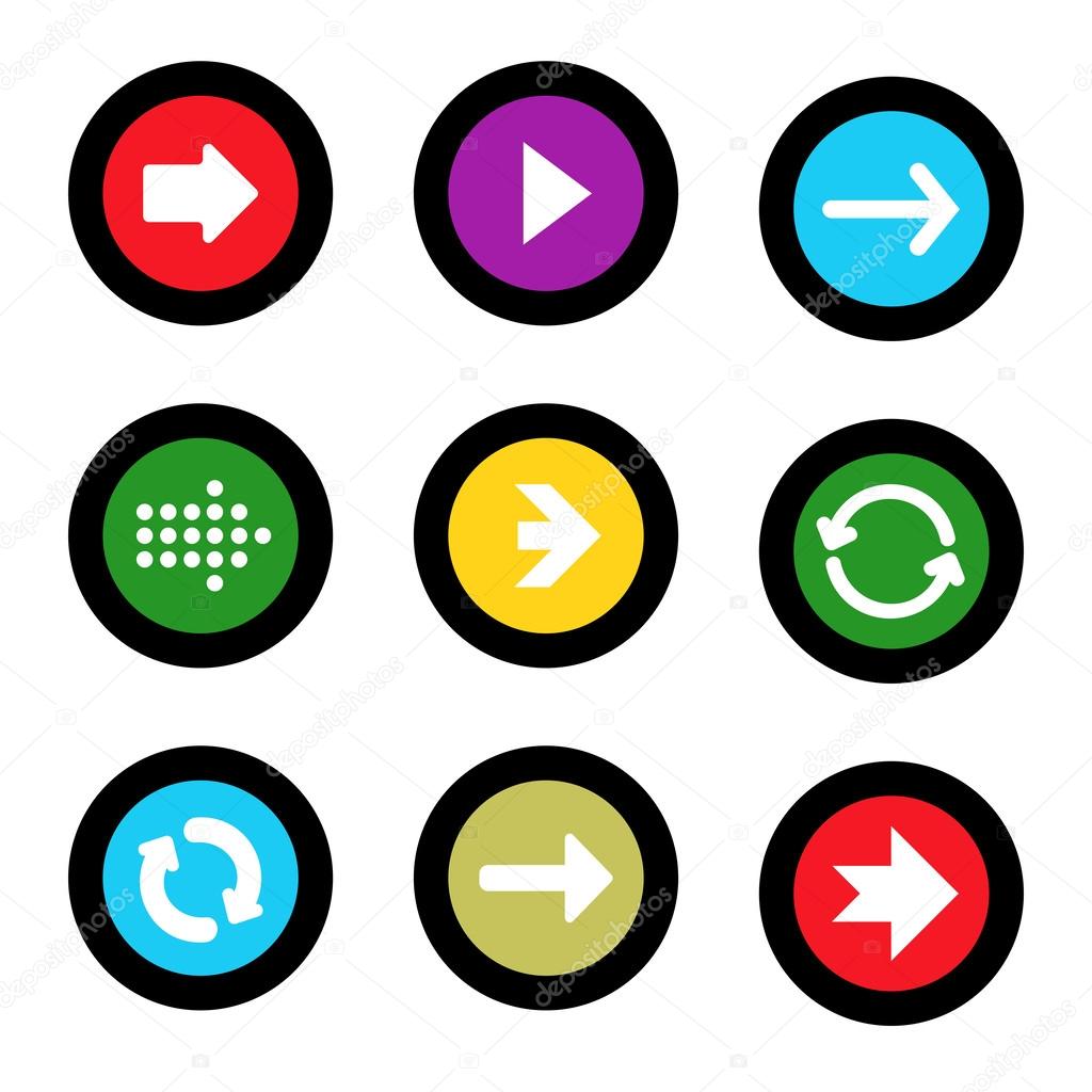 Arrow sign icon set in circle shape internet button on black background. EPS10 vector illustration web elements