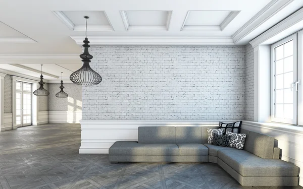 Divano grigio in grande soggiorno — Foto Stock