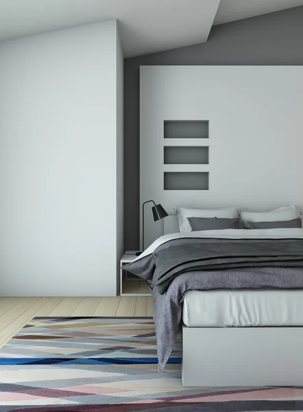 Gri renkli yatak odası — Stok fotoğraf