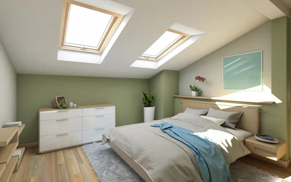 屋根裏部屋に緑 bedroomin — Stock fotografie
