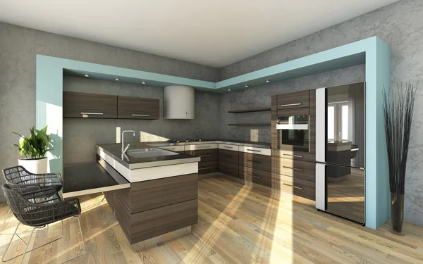 Сучасна кухня в сірий і синій кольори Ліцензійні Стокові Зображення