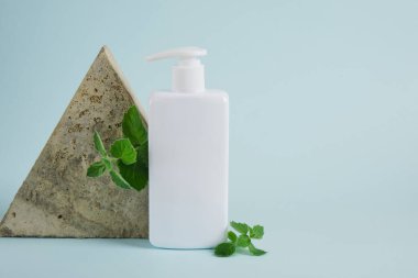 Kutulu kozmetik şişesi ve açık mavi arka planda taze nane. Organik kozmetik konsepti. Etiketsiz kozmetik konteynır modeli Doğal cilt ürünü.