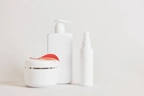 Blanco Witte Flessen Voor Cosmetica Mock Crème Pot Rode Herfst — Stockfoto