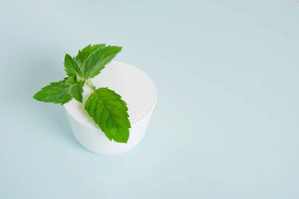 Kozmetik Beyaz Krema Kavanozu Açık Mavi Arka Planda Taze Nane — Stok fotoğraf