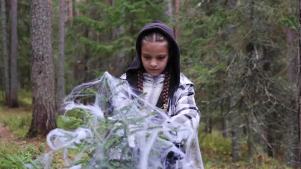 Dziewczyna Koszuli Kratę Ubiera Choinkę Aby Uczcić Halloween Drzewo Halloween — Wideo stockowe