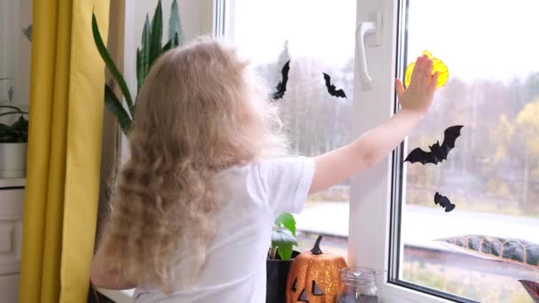 Preschooler Girl Long Curly Blonde Hair Decorates Window Halloween Pumpkins — Stock Video