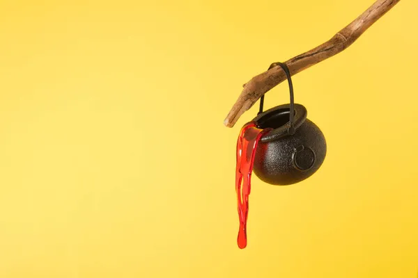 Caldero Bruja Pequeña Negro Con Sangre Decorativa Artificial Una Rama —  Fotos de Stock