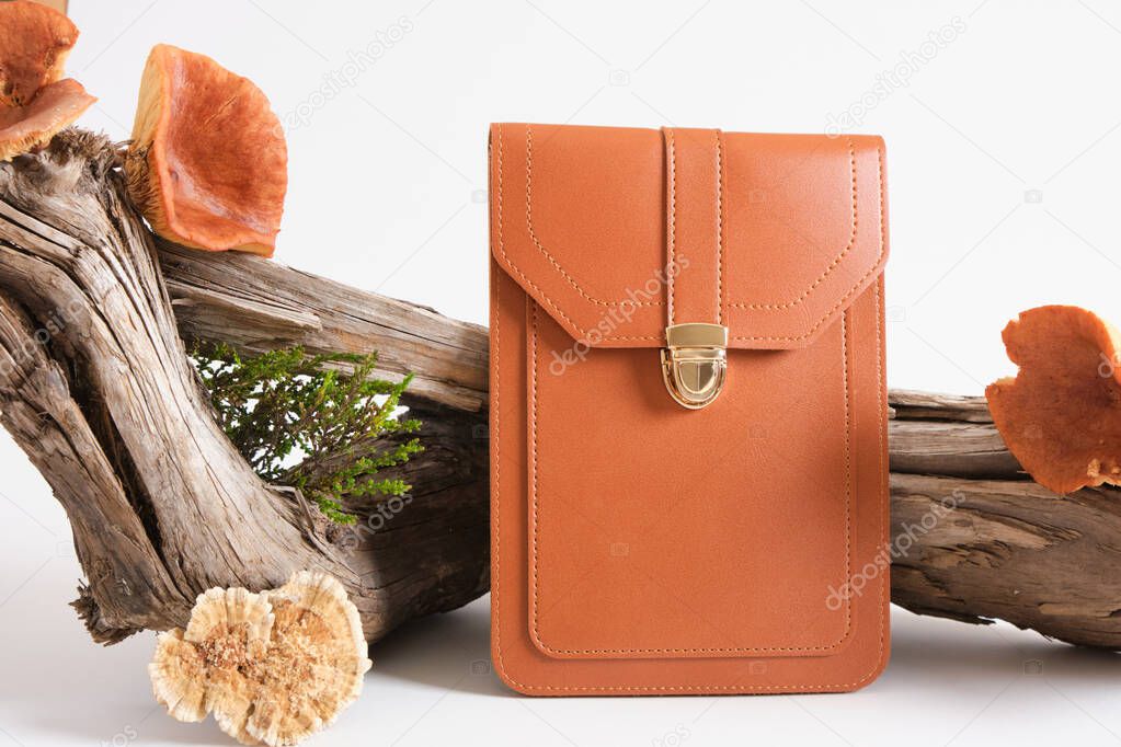 brown bag and mushrooms on driftwood, gray background, eco leather made from mushroom mycelium, toadstools and woody mushrooms, zero waste lifestyle, no killing animals