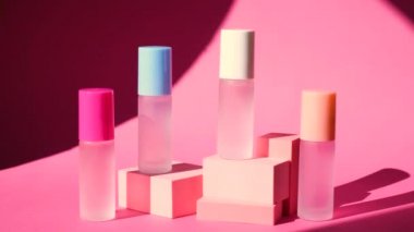 Pembe geometrik podyumlarda parfümlü birkaç sprey şişe üzerinde sallanan bir palmiye yaprağının gölgesi parfüm sunumu için kompozisyon sahnede dört parfüm şişesi, pembe arka plan.