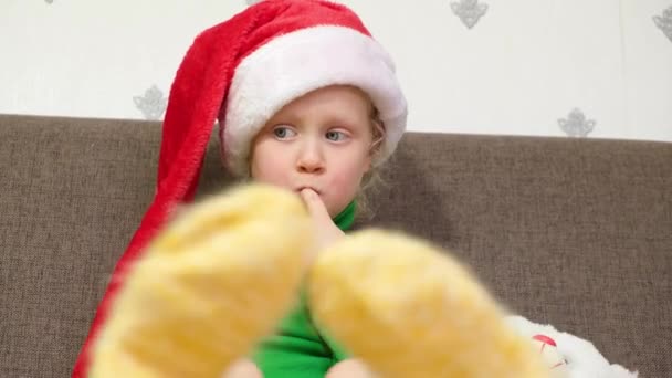 Pensive Cute Girl Years Old Santa Claus Hat Warm Knitted — Stock Video