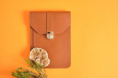 telefon ve cüzdan çantası ve turuncu arka planda ağaç mantarı, mantar miselyumundan yapılmış eko vegan deri fotokopi alanı