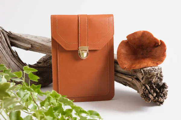 Eko deriden yapılmış kahverengi çanta, sürüklenen odun ve mantar mantarı gri arka planda, mantar miselyum kavramından hakiki deri, moda uğruna hayvan öldürmek yok.