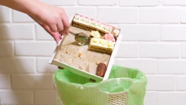 Throwing Cake Trash Bin Start Diet Concept Weight Loss Refusal — Stock Video